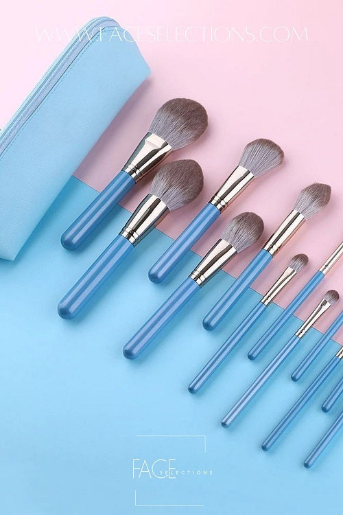 Beautiful Powder Blue Leather Bag 13pcs Brush Set