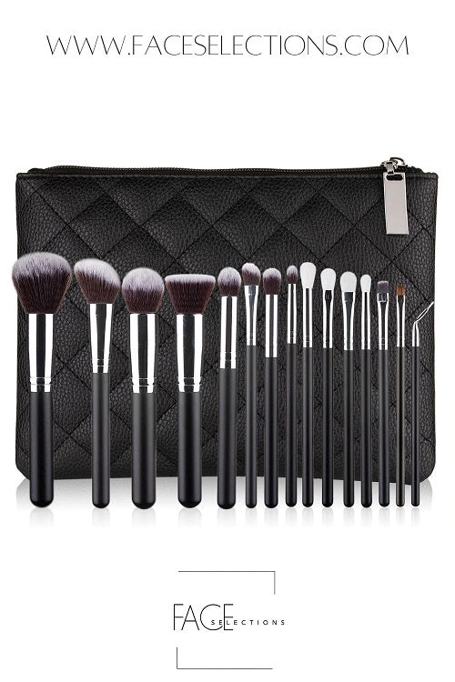 Professional Black 15pcs Makeup Brush Set With Leather Clutch