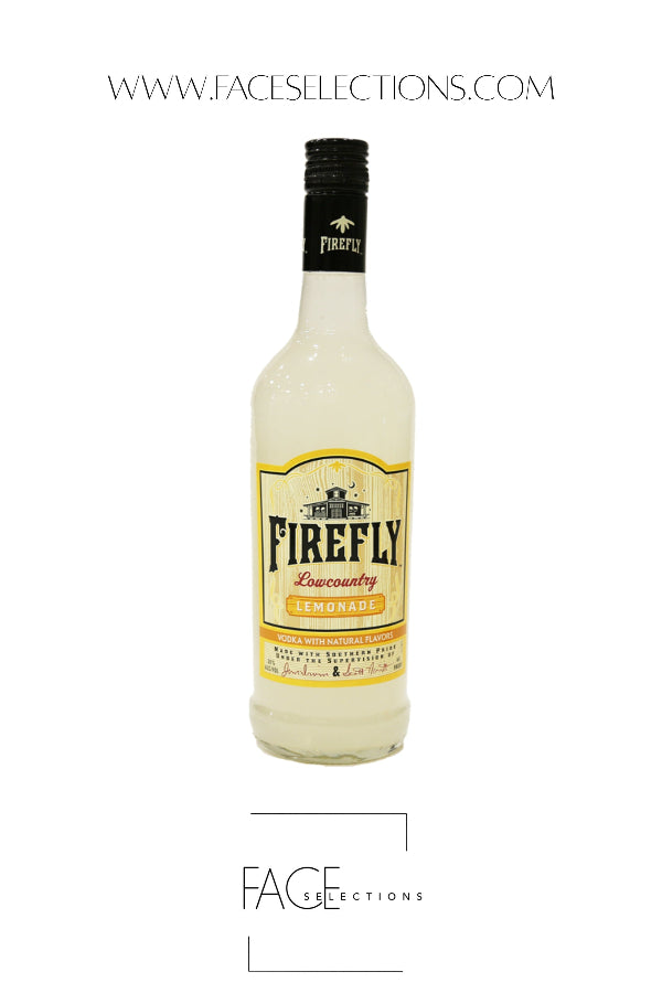 A bottle of FACE Selections Firefly Lemonade spirit mixed drink fish sauce, featuring a yellow and white label with black text, set against a plain white background with website text overlays.