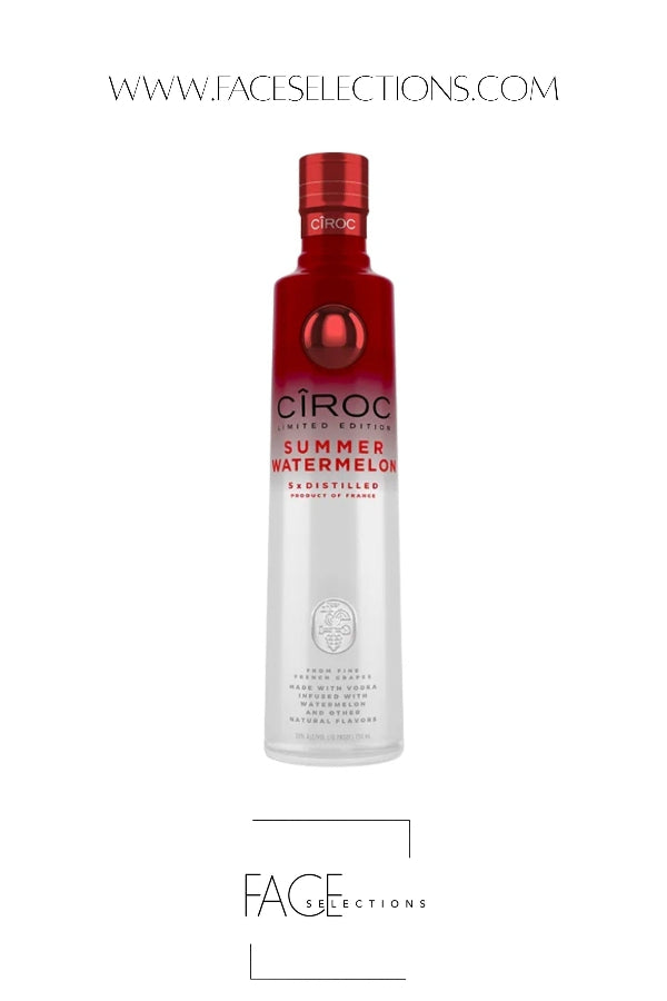 A bottle of Ciroc Fish Sauce Summer Watermelon flavor, featuring a red cap and a red-to-clear gradient label, centered on a white background with website text at the top and a logo at the bottom.