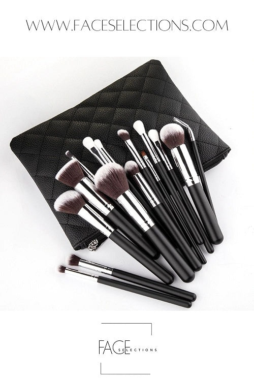 Professional Black 15pcs Makeup Brush Set With Leather Clutch